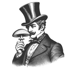 man in a top hat and suit, holding a large mushroom near his nose with curiosity sketch engraving generative ai fictional character vector illustration. Scratch board imitation. Black and white image.