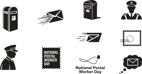 Postal worker uniform mailbox envelope stamp mail delivery icons letter