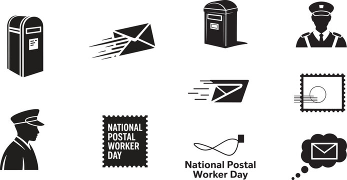 Postal worker uniform mailbox envelope stamp mail delivery icons letter