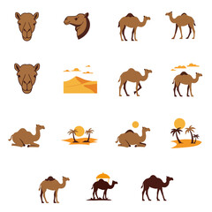 Assorted camel illustrations depict desert landscapes and camel portraits showcasing varied styles