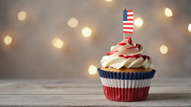 Patriotic cupcake with USA flag on wooden table with bright Independence Day lights in the background.