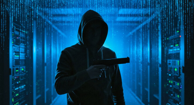 Cybersecurity Threat Hacker with Gun in Server Room