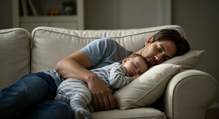 Father and Baby Napping on Couch: Tender Moment of Parenthood in Cozy Living Room Setting