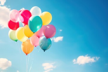 Balloons floating in the sky blue anniversary celebration.