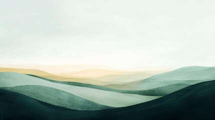 Abstract minimalist landscape painting with muted green and yellow tones, depicting rolling hills under a soft sky.