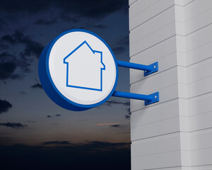 House icon with copy space on hanging blue rounded signboard over sunset sky, Business real estate concept, 3D rendering