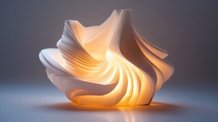 Illuminated white sculptural form with intricate, layered design, emitting warm light against a neutral background.