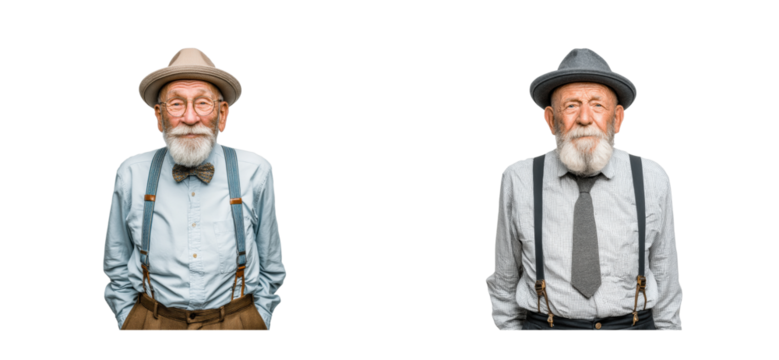 Vintage portrait of stylish elderly man in suspenders indoor studio classic aesthetic cut out set png