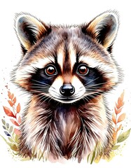 Obraz premium cute raccoon watercolor illustration card.