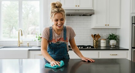 Young Woman Cleaning Kitchen Counter with Cloth in Modern Home Space