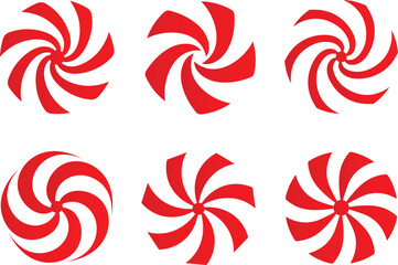Six vector illustrations of red and white swirl patterns on a plain white background