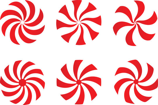 Six red and white spiral peppermint candies arranged on a blank white background illustration