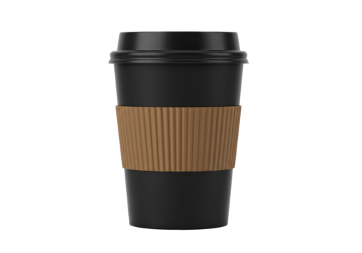 Isolated Black Coffee Cup with Brown Cardboard Sleeve