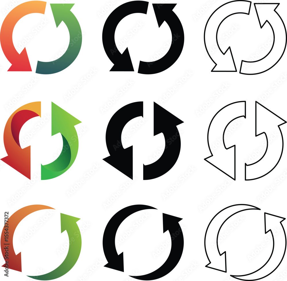 Poster collection of various colorful and monochrome recycle and refresh arrow symbols for design projects