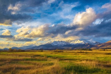 Fototapeta premium Landscape view of a golden field with snow capped mountains and dramatic cloudy sky in the background