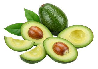 Isolated Fresh Avocado Slices and Halves with Leaves