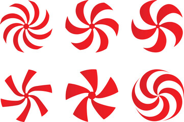 Collection of stylized spiral peppermint candies in various shapes and artistic compositions for graphic design