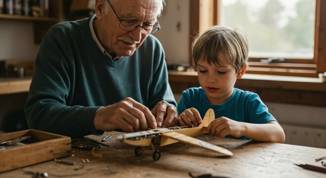 Grandfather and Young Boy Building Wooden Airplane Model Together in Workshop