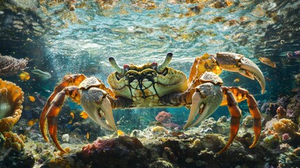 Close-up of a large crab in a vibrant coral reef, surrounded by colorful fish and aquatic plants.
