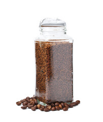 Instant coffee in glass jar and beans isolated on white