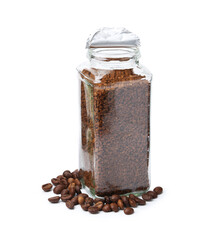 Instant coffee in glass jar and beans isolated on white