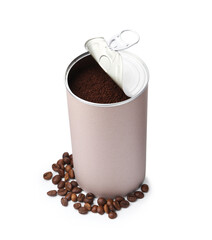 Instant coffee in metal can and beans isolated on white