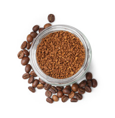 Instant coffee in glass jar and beans isolated on white, top view
