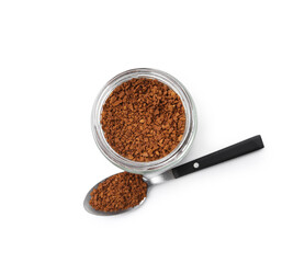 Instant coffee in glass jar and spoon isolated on white, top view