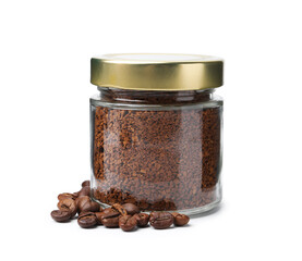 Instant coffee in glass jar and beans isolated on white