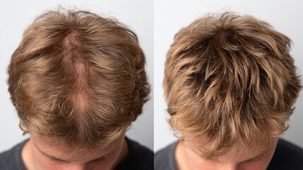 Before and after comparison of male scalp showing visible hair regrowth from crown view, realistic lighting and skin tone, symbolizing successful hair loss treatment and restoration