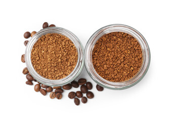Instant coffee in jars and beans isolated on white, top view