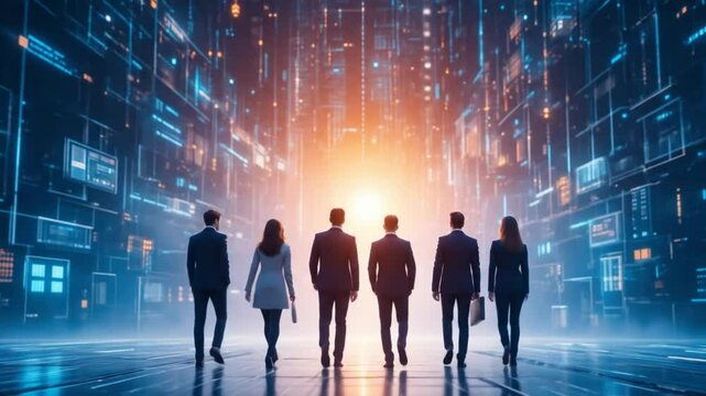 Group of businessmen walking towards digital background. Illustration of tech startup growth, AI, tech innovation. Teamwork, data code, future development. 4k video