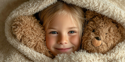 Extreme close-up of a cute teddy bear with soft brown fur hugging a smiling blonde child, the teddy bear and the child rest under the soft blankets of the bed. Generative Ai.