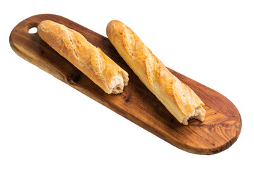 French bread baguette on wooden cutting board isolated on white background. top view