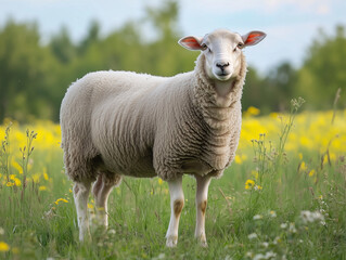 Fototapeta premium Woolly sheep standing in green meadow with yellow wildflowers