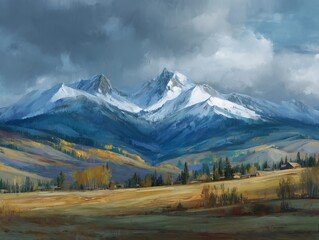 Painting of a mountain range with snow capped peaks and a field in the foreground under a cloudy sky