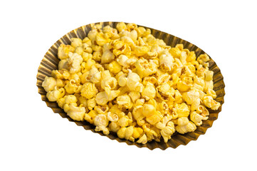 Fresh cheese and salty popcorn in a bowl isolated on white background