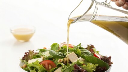 Fresh salad being dressed with vinaigrette in a clear jug.