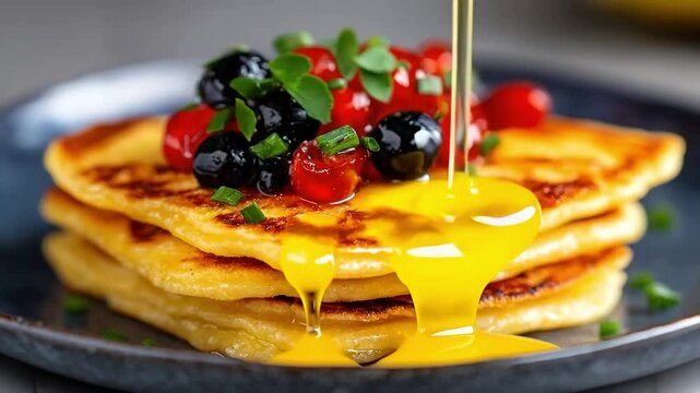 Delicious pancakes with fresh berries and syrup for mouthwatering breakfast food experience