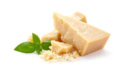 Pieces of Parmesan cheese with grated cheese and basil leaves
