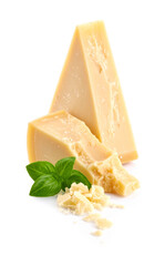 Grated and two pieces of delicious Parmesan cheese with basil leaves