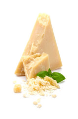 Pieces of Parmesan cheese with grated cheese and basil leaves on white background