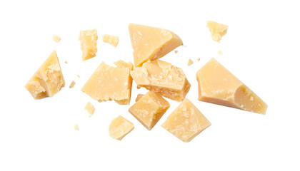 Parmesan cheese pieces falling on transparent background