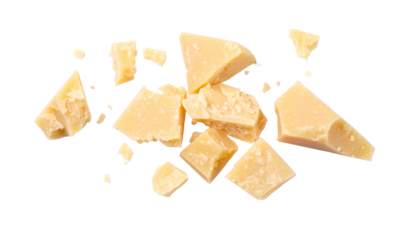 Parmesan cheese pieces falling on transparent background