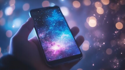 Hand holding smartphone displaying a vibrant nebula image against a bokeh background.