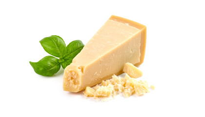 Grated and chunks of Parmesan cheese with basil leaves