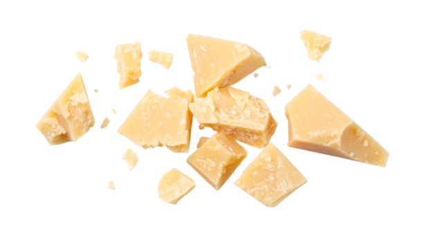 Parmesan cheese pieces falling on transparent background