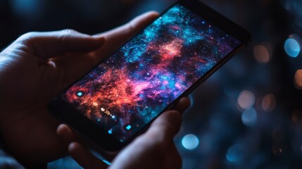 Close-up of hands holding smartphone displaying vibrant nebula image.