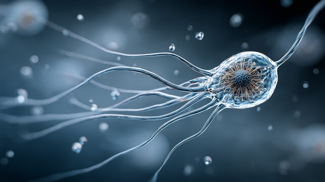 Close-up scientific depiction of flagellated bacterium swimming  