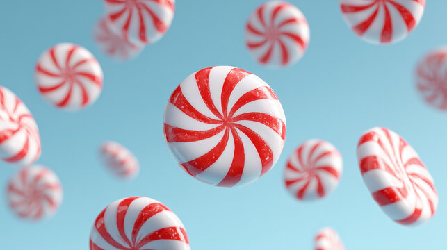 Red and white peppermint candies floating on blue background, perfect for Christmas and holiday themed designs, seasonal marketing, or festive promotions.